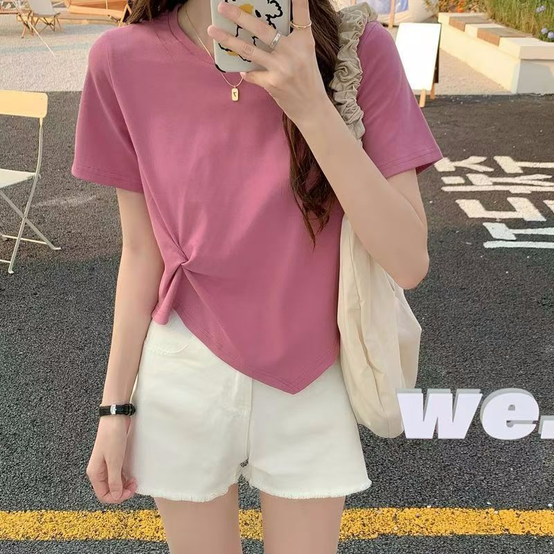 2025 Xia Chun Yufeng irregular design versatile slim women's T-shirt thin outfit short sleeves short top