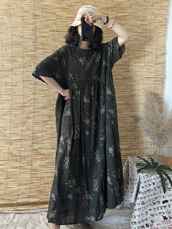 Fairy-style ramie dress for women on the beach vacation temperament flowing long skirt cotton linen literary loose midi skirt