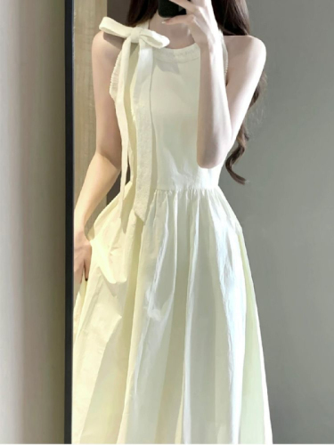 French bow tie halter neck wool dress for women Korean style pear-shaped waist slimming high-end mid-length skirt