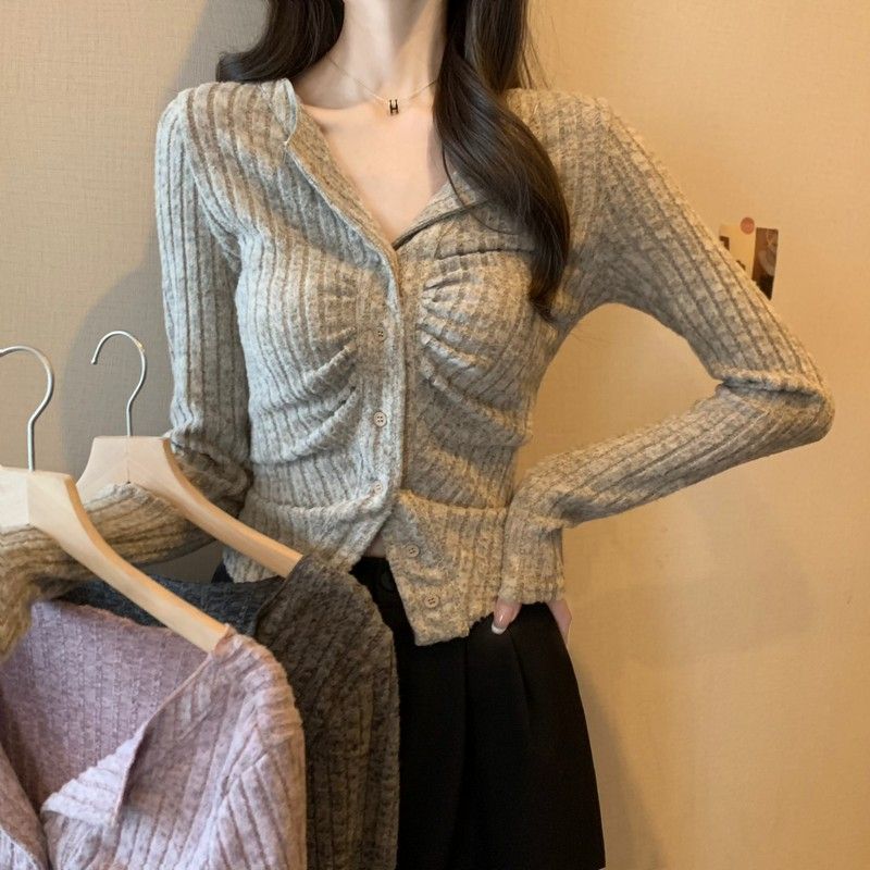 Original furry fabric long-sleeved half-open collar cardigan for women in autumn and winter pleated slim fit short inner bottom shirt top