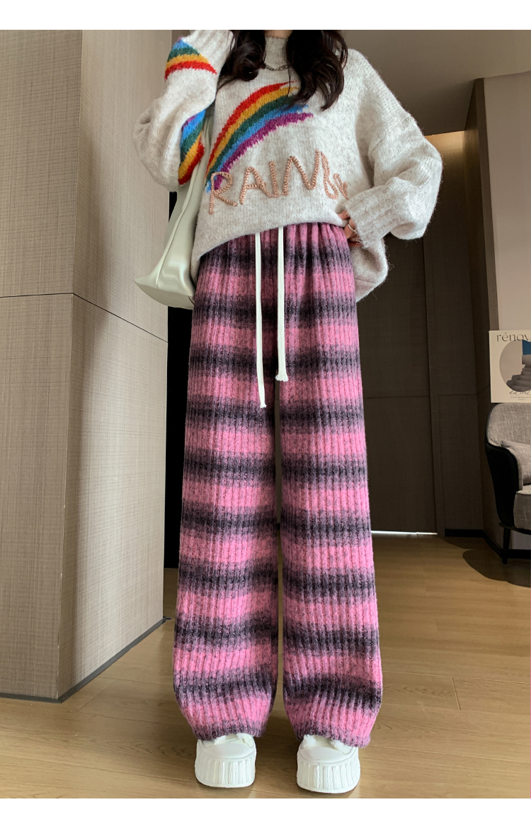 -Official Photo Striped Jacquard Spring 2025 New Casual Knitted High Waist Dropping Wide Leg Pants