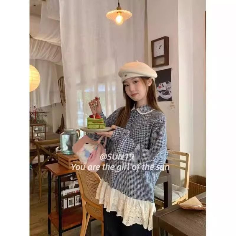Original workmanship French retro spliced ​​lace plaid shirt for women 2025 spring loose long-sleeved top