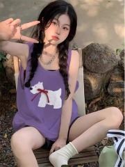 High-quality pure cotton 200g 21 combed tight thread collar method printed loose vest suspender T-shirt for women