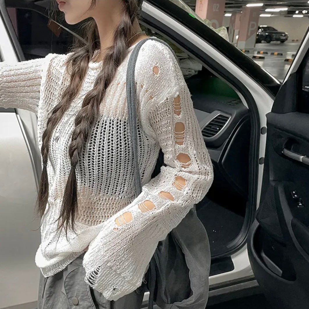 Korean chic hollow design long-sleeved top loose lazy style ripped wool knitted sweater