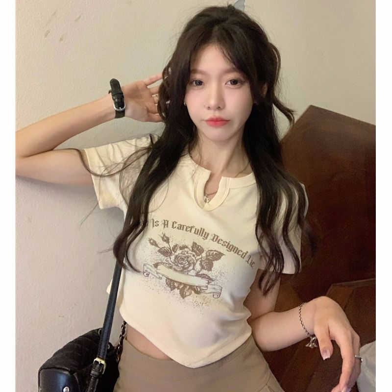 Rib 2025 new hot girl style slim short shoulder top trendy