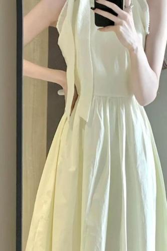 French bow tie halter neck wool dress for women Korean style pear-shaped waist slimming high-end mid-length skirt