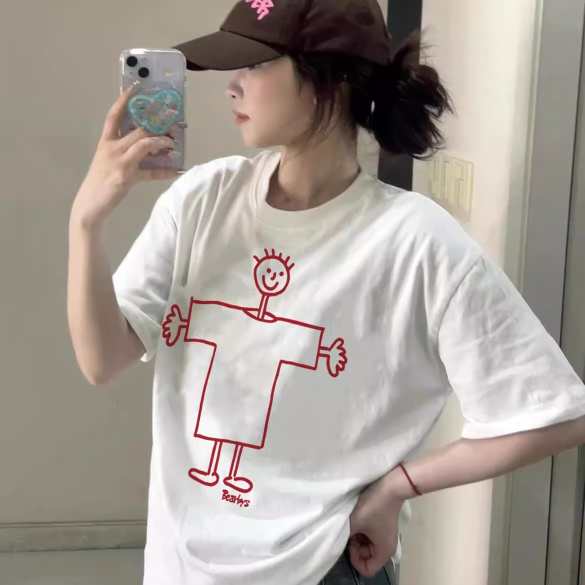 220g pure cotton American printed short-sleeved T-shirt for women 2025 summer new loose round neck top