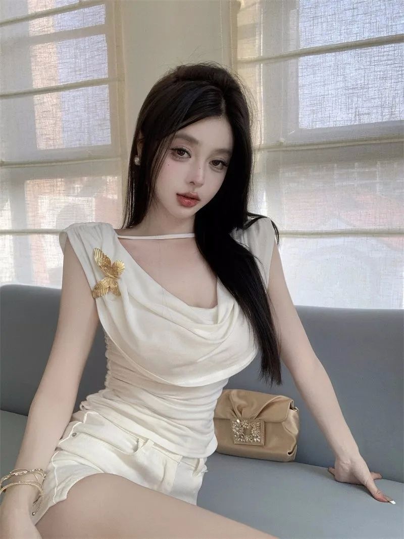 230g men's cotton white butterfly swinging collar sleeveless T-shirt French sweet and spicy slim short design backless top