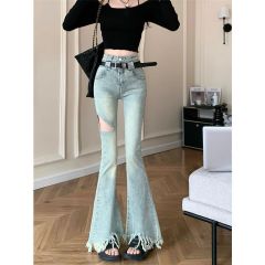 High-waisted slim jeans straight trousers slim retro ripped pants micro-flare trousers women's new 2025 style