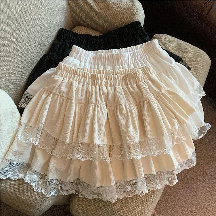 Original method ballet style lace skirt A-line skirt autumn and winter age-reducing high waist cake skirt fluffy skirt short skirt