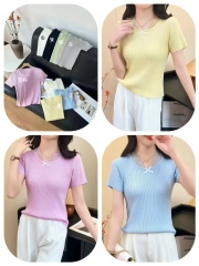 miu系甜辣修身V領蕾絲拼接長袖針織衫女秋冬小香內搭絕美毛衣上衣