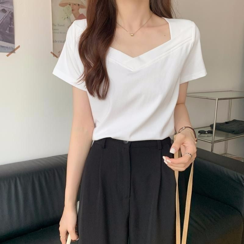 210g 40 92 cotton 8 spandex American fashion T-shirt for women short-sleeved tight sweet hot girl shoulder top T-shirt