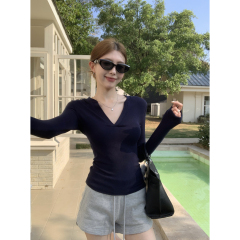 Real shot of 2025 spring Korean style slim half-open collar solid color versatile long-sleeved T-shirt top for women