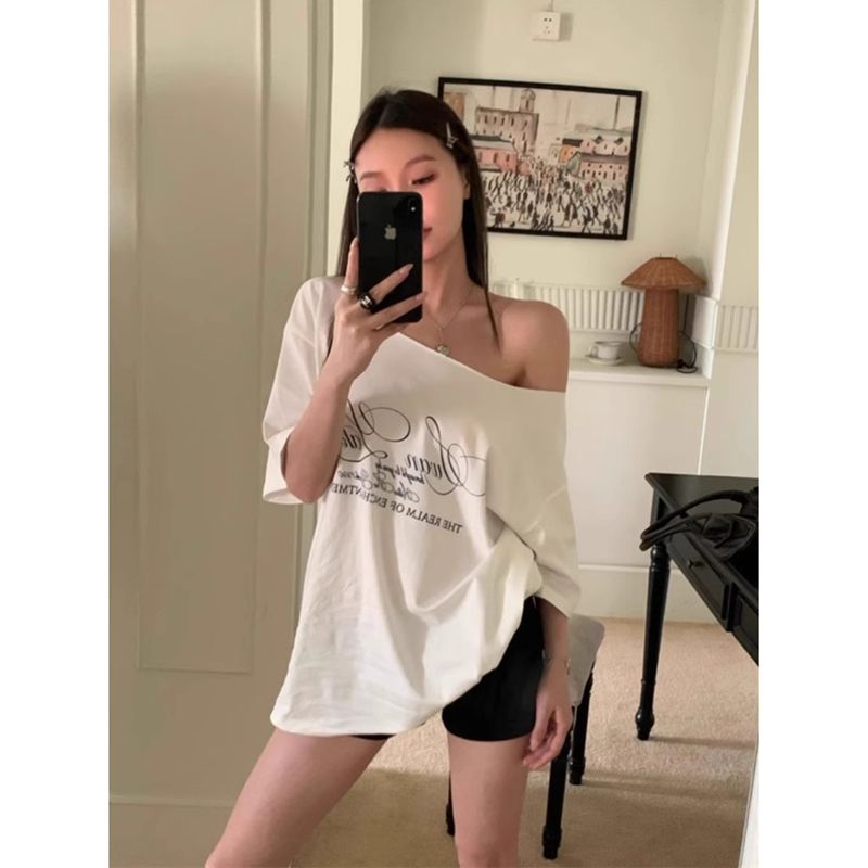 Colorful cotton plain-patterned lazy style letter printed off-shoulder short-sleeved T-shirt chic versatile top