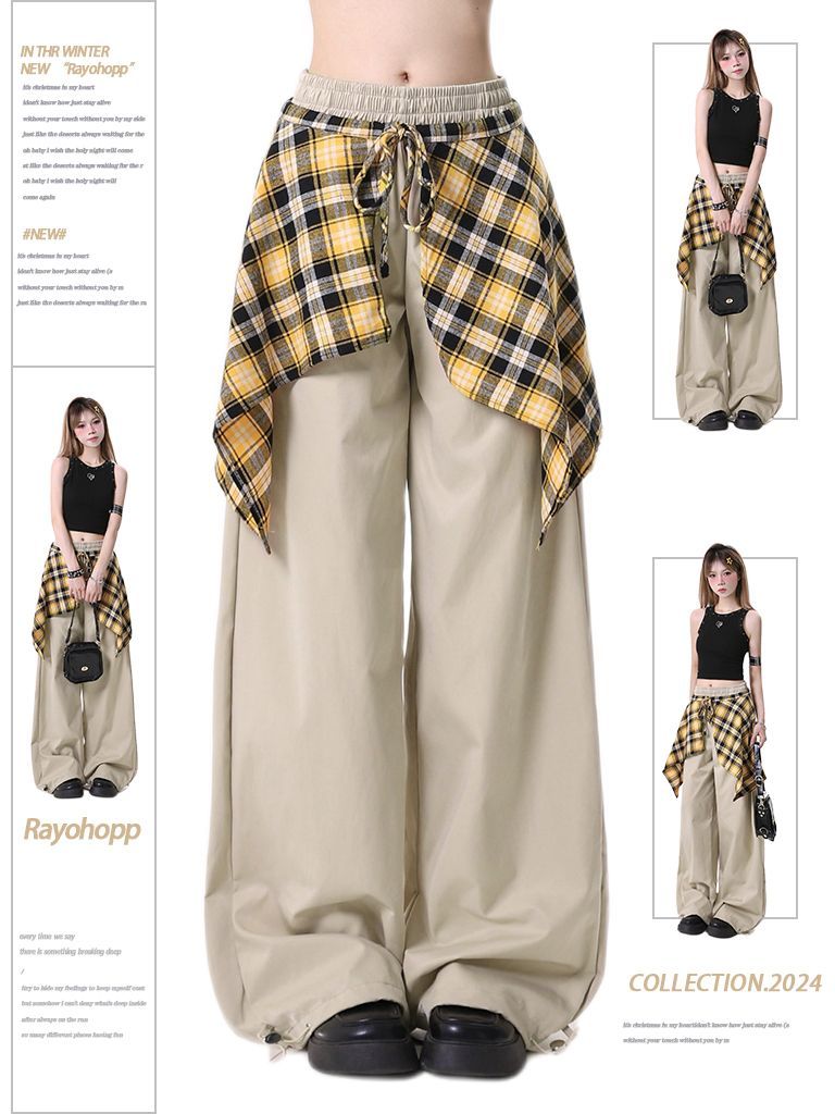 Casual pants for women American high street removable retro plaid skirt design design loose straight pants