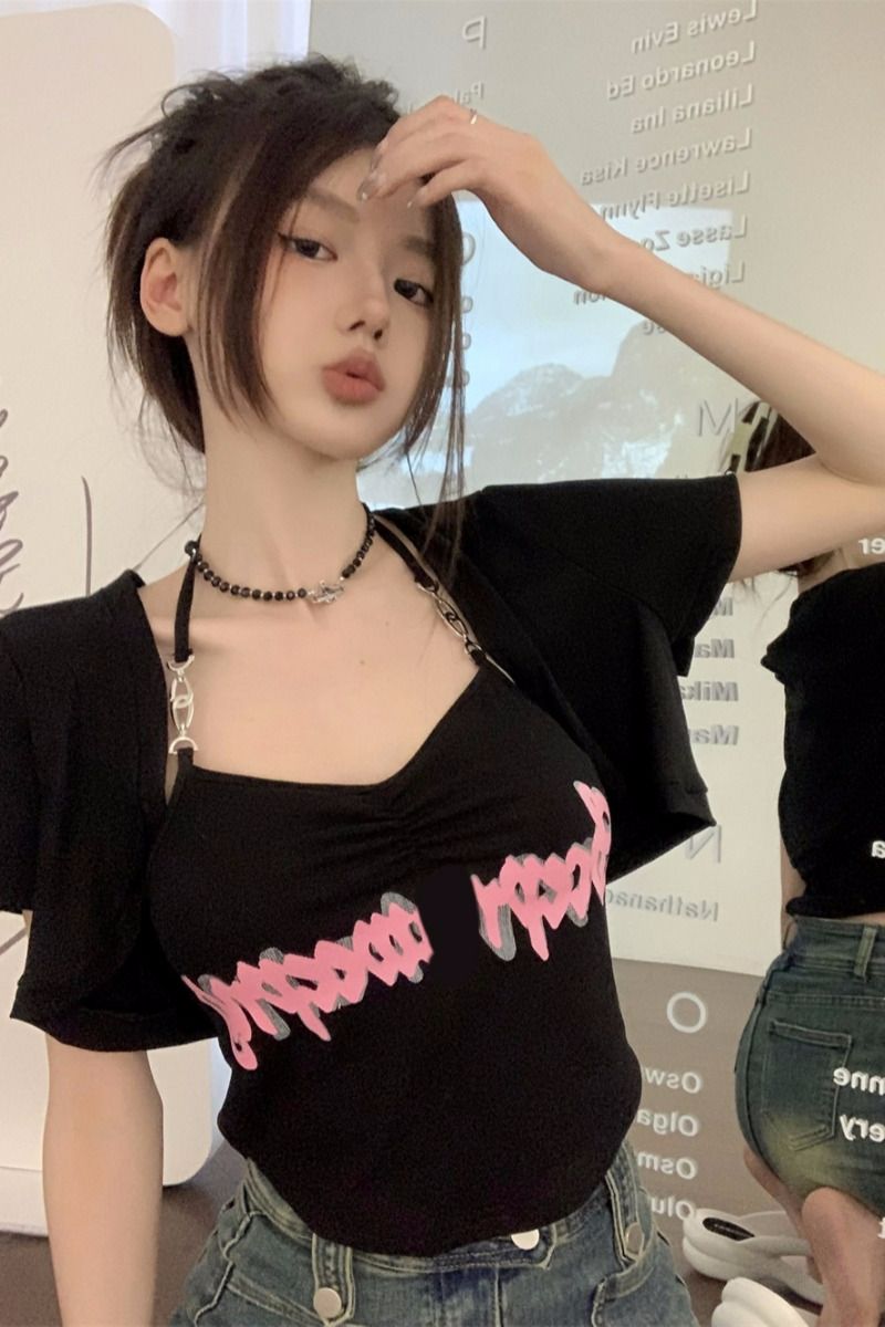 Threaded design sense halter letter printed suspender vest for women new slim cardigan hot girl style top two-piece set