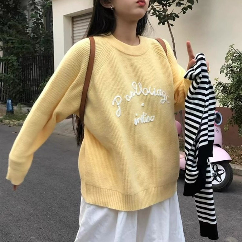 Korean style lazy style long-sleeved sweater for women in autumn new round neck pullover small loose casual top