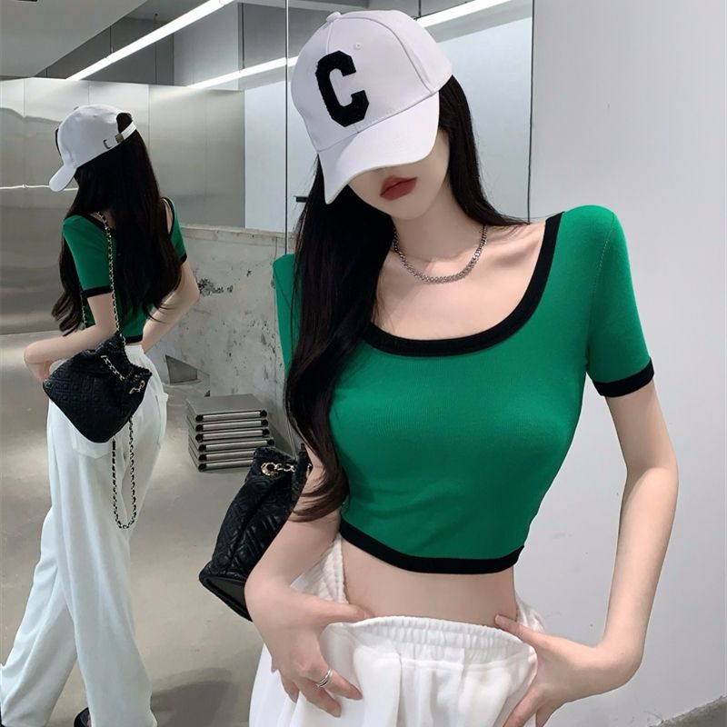 92-person cotton 8 spandex summer pure hot girl sexy u-neck pink short-sleeved T-shirt for women niche chic short top