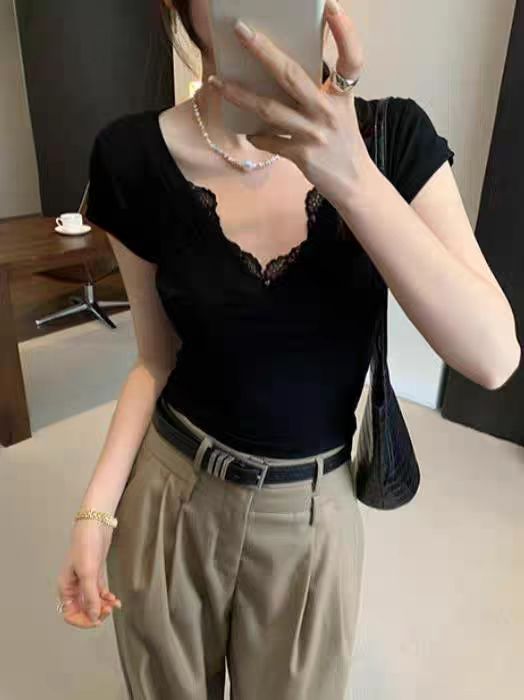 260g cotton sweet hot girl style lace spliced ​​black short-sleeved T-shirt for women's slim short top