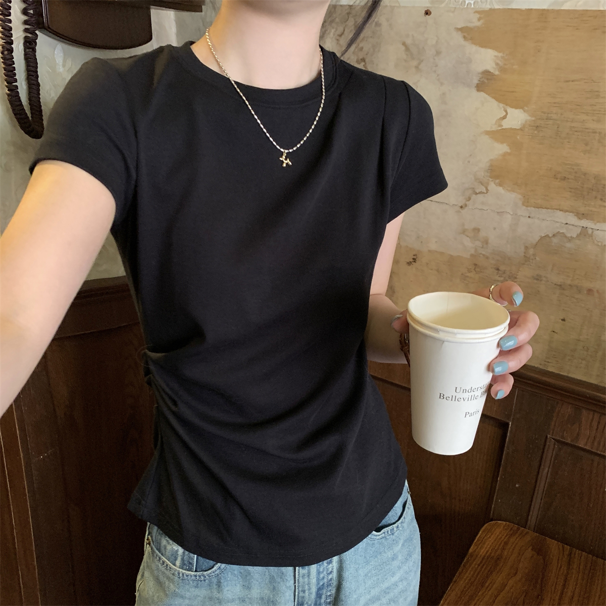 Real shot of the Korean style in summer, simple and versatile pleated slimming design pure cotton short-sleeved T-shirt top