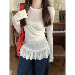 Real shot of spring Korean sweet lotus leaf skirt with transparent view and sun protection blouse long-sleeved T-shirt top