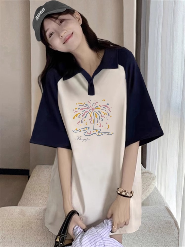 High-quality pure cotton 200g 21 combed tight printed POLO shirt loose color block lapel short-sleeved shirt for women