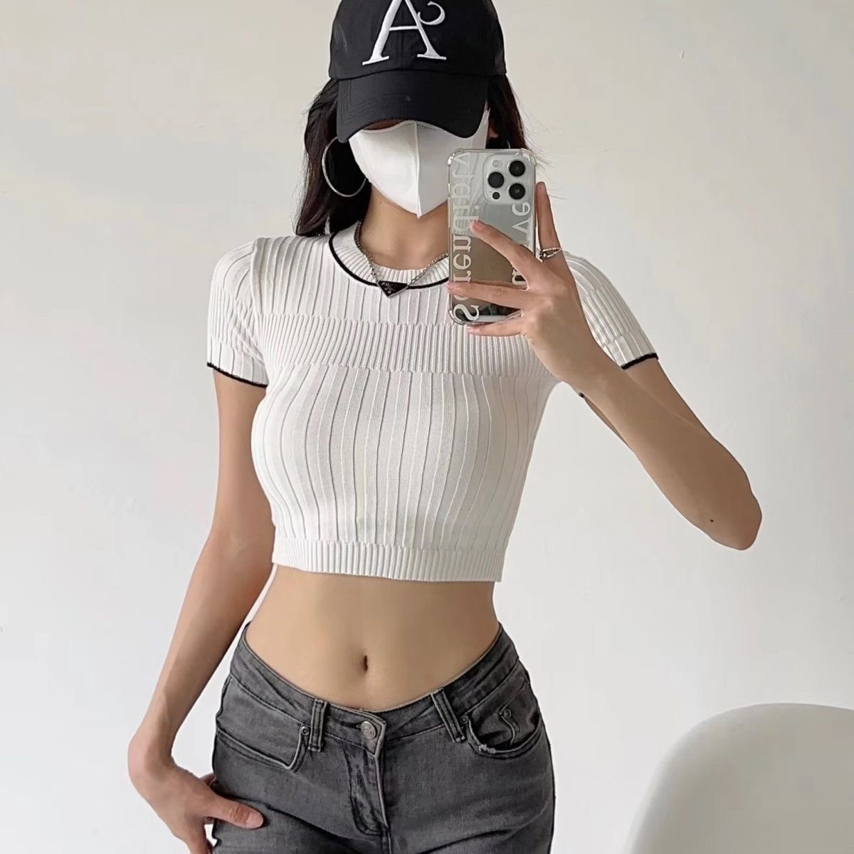 夏美式短袖T恤女辣妹薄款針織打底衫超短款高腰露臍修身緊身上衣