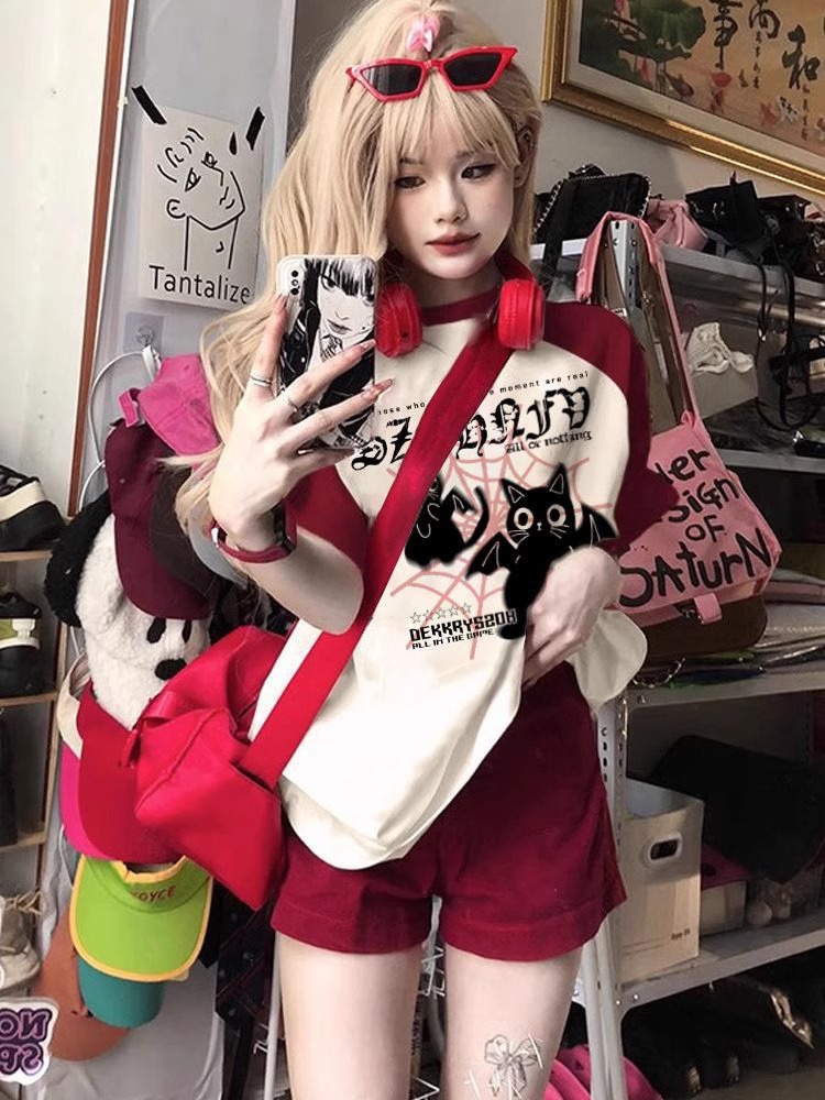 High-quality pure cotton 200g 21 combed tight printed color horn sleeve loose color block short-sleeved shirt for women