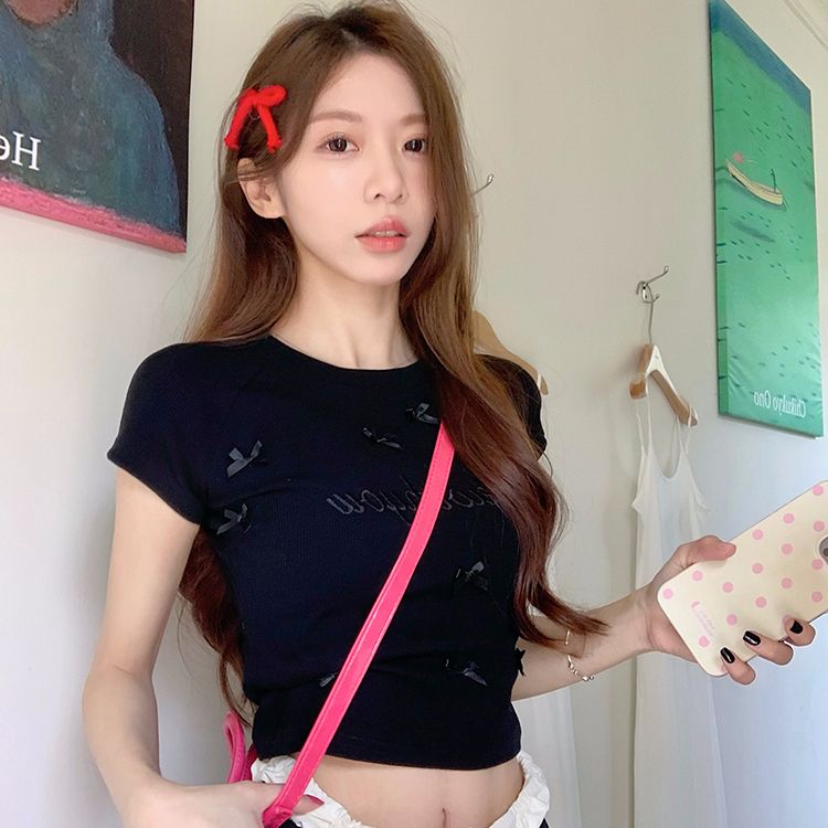260g embroidered bow letter embroidered short-sleeved T-shirt for women in summer short slim body