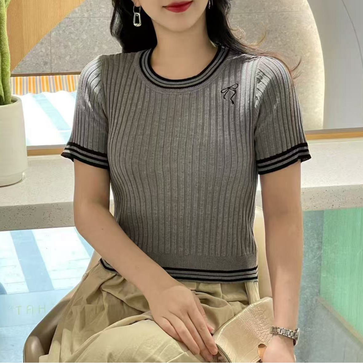 氣質韓版條紋2025夏裝冰絲t恤短袖修身針織衫薄女上衣打底衫款潮