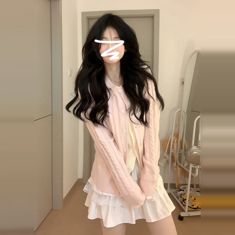 Korean style dressing pink fake two-piece sweater jacket for women in spring and autumn 2025 new knitted cardigan underwear top