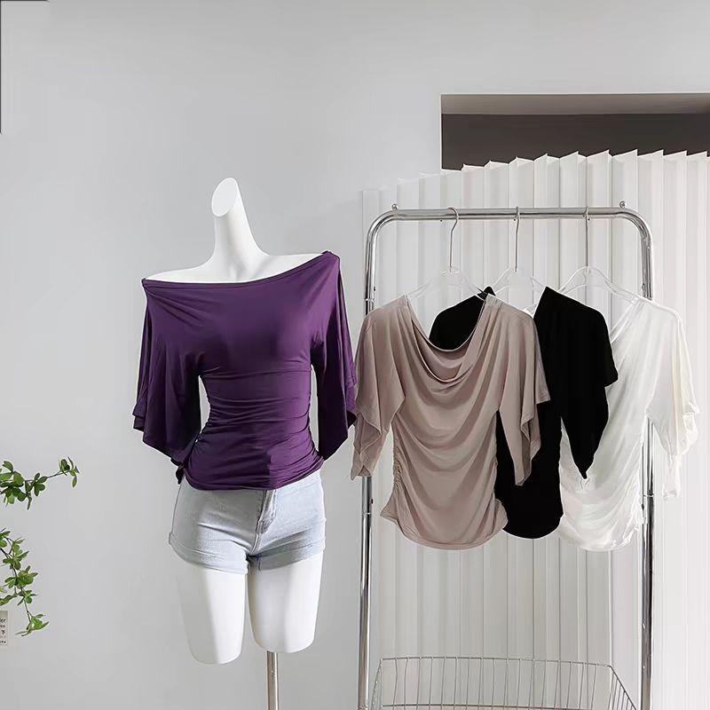 New irregular side slit T-shirt fashionable and elegant versatile T-shirt women's slim top