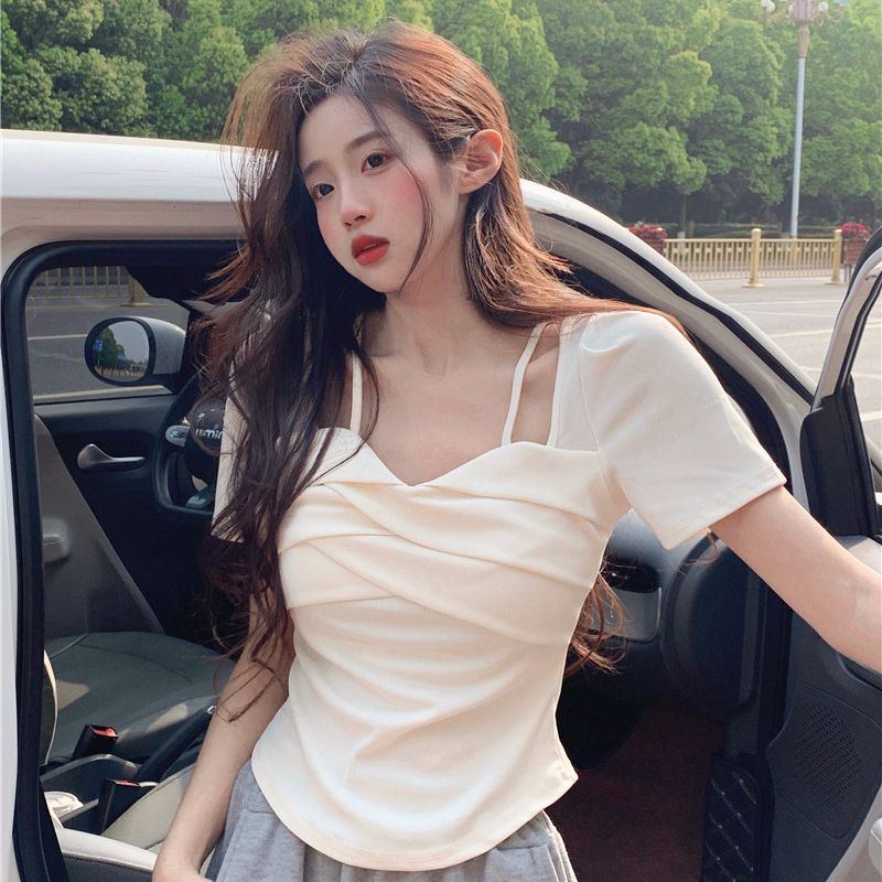 1*1 ice silk high elastic thickened 230 grams, square collar, front shoulder short sleeves, slim and small short top