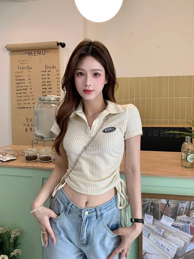 Pleated strips Side-side shrink rope summer short-sleeved polo shirt T-shirt