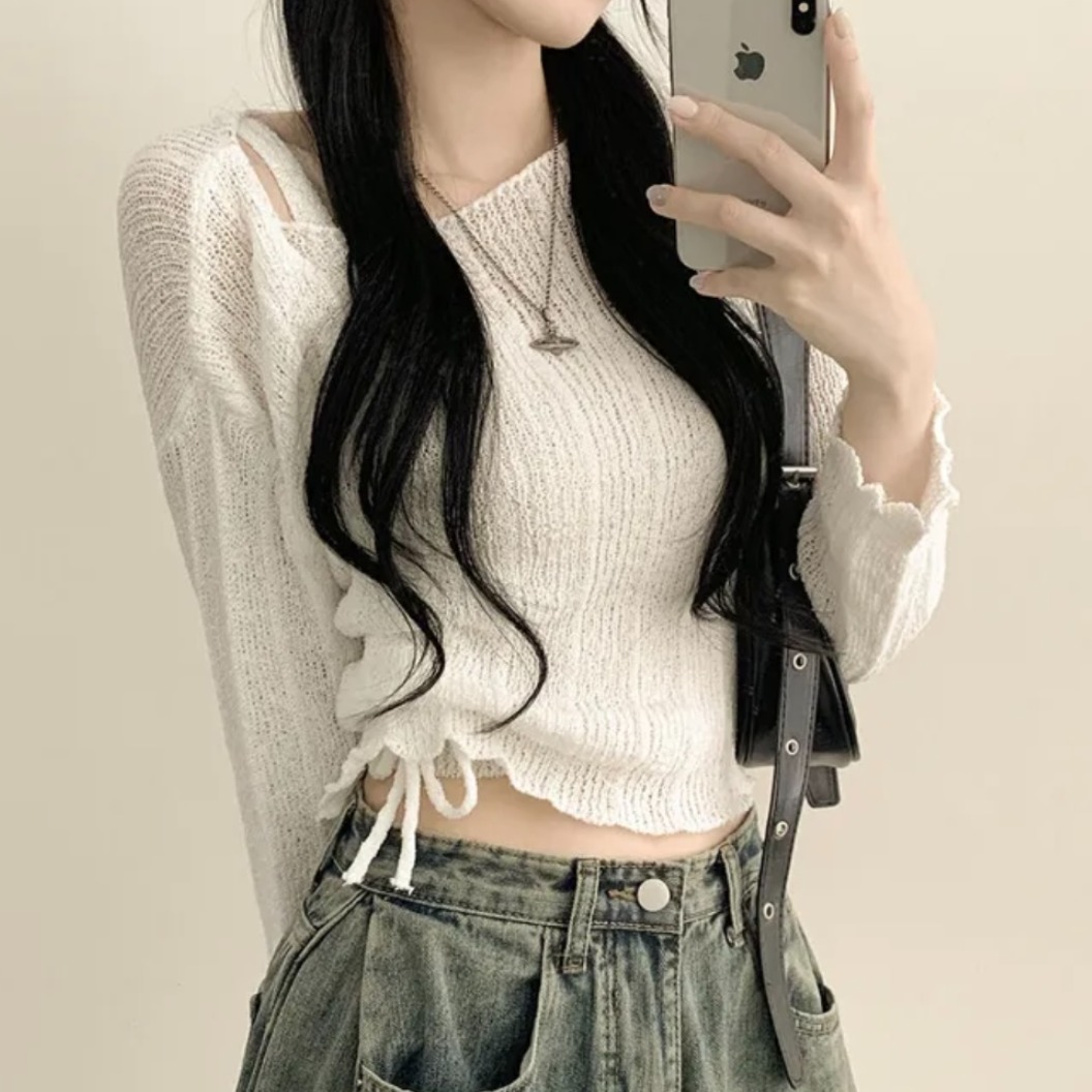 Korean chic temperament fashionable slim body dress drawstring blouse inside suspender vest two-piece set