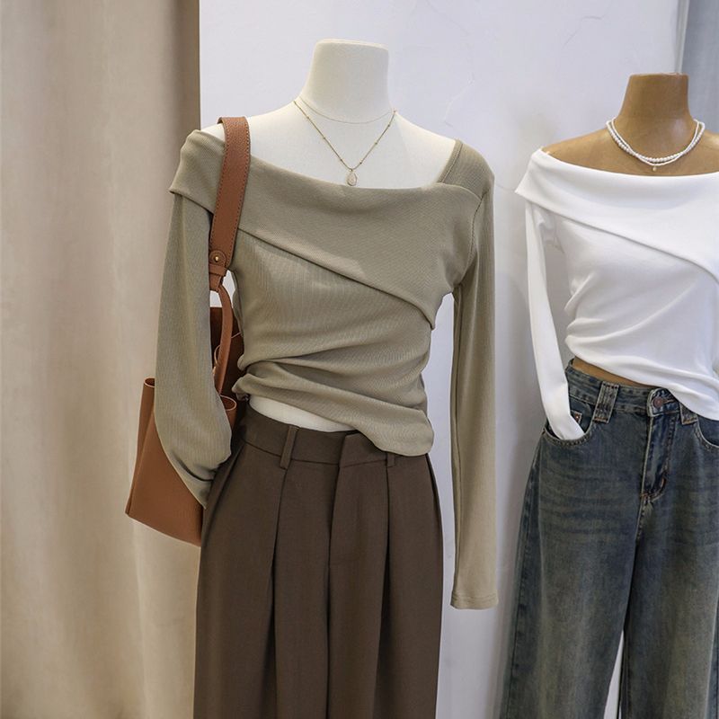 260g 92 cotton 8 spandex, slanted neck long-sleeved T-shirt for women, pure and slim and unique top