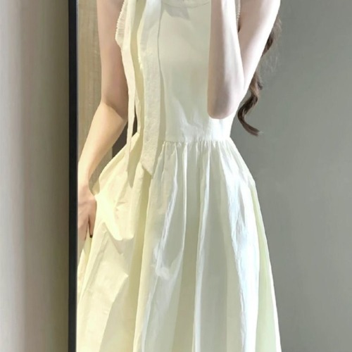 French bow tie halter neck wool dress for women Korean style pear-shaped waist slimming high-end mid-length skirt