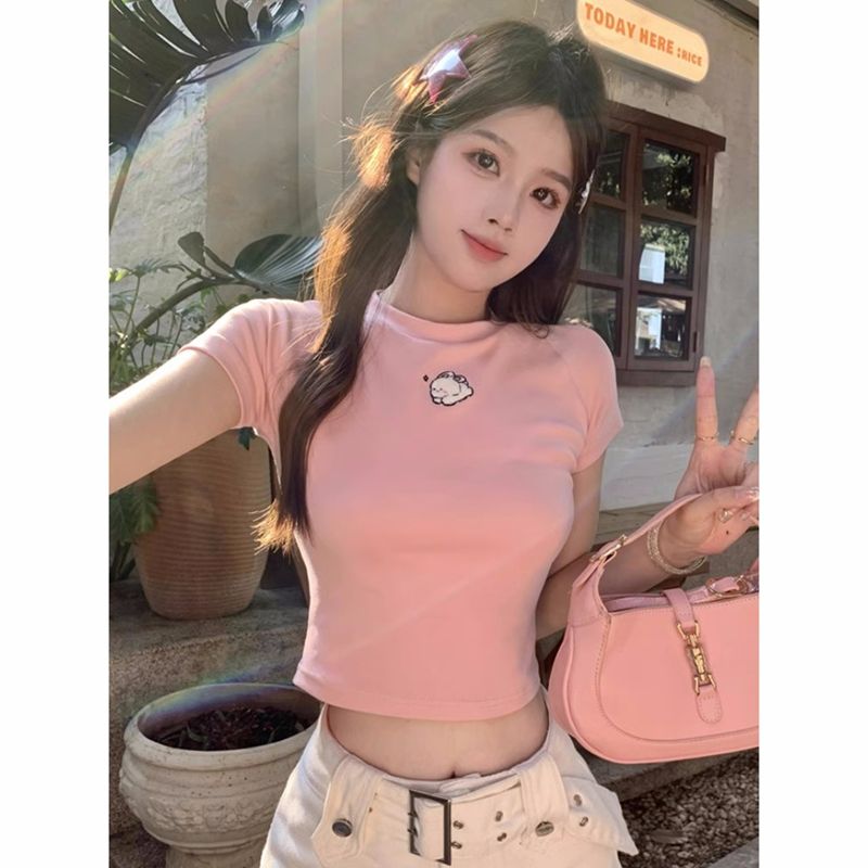 40 cotton ribbed rabbit embroidery pink navel-exposed shoulder short-sleeved sweet and spicy T-shirt
