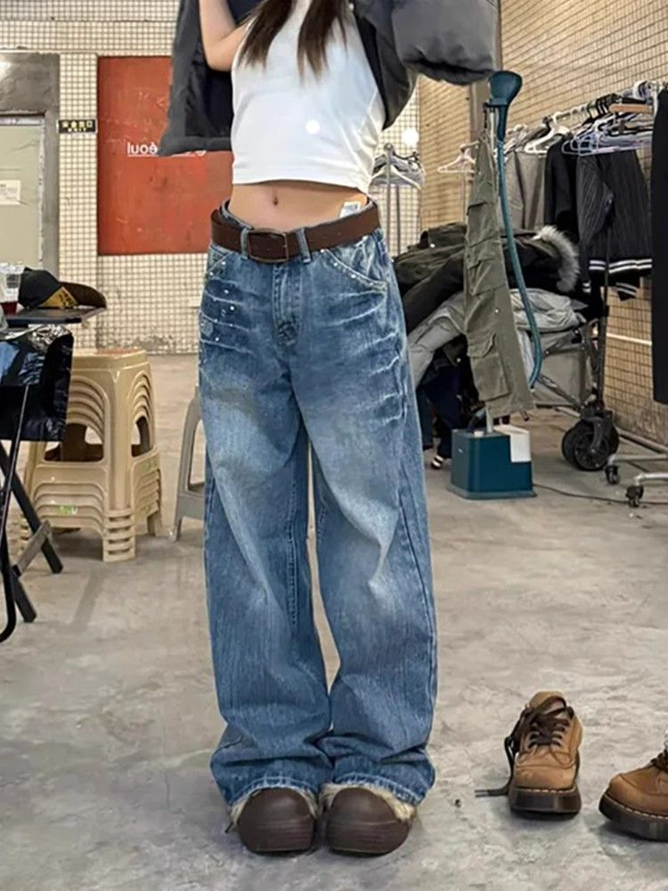 American retro rivet washing lightning straight jeans for women's spring and autumn new style old design hot girl wide-leg pants