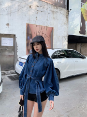 Real shot of Hong Kong style retro light mature straps waist-closed stand collar lantern sleeve denim shirt versatile slim top