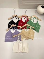 2025春秋季性感V領修身短吊帶背心掛脖系帶紐扣純色韓系含7%羊毛