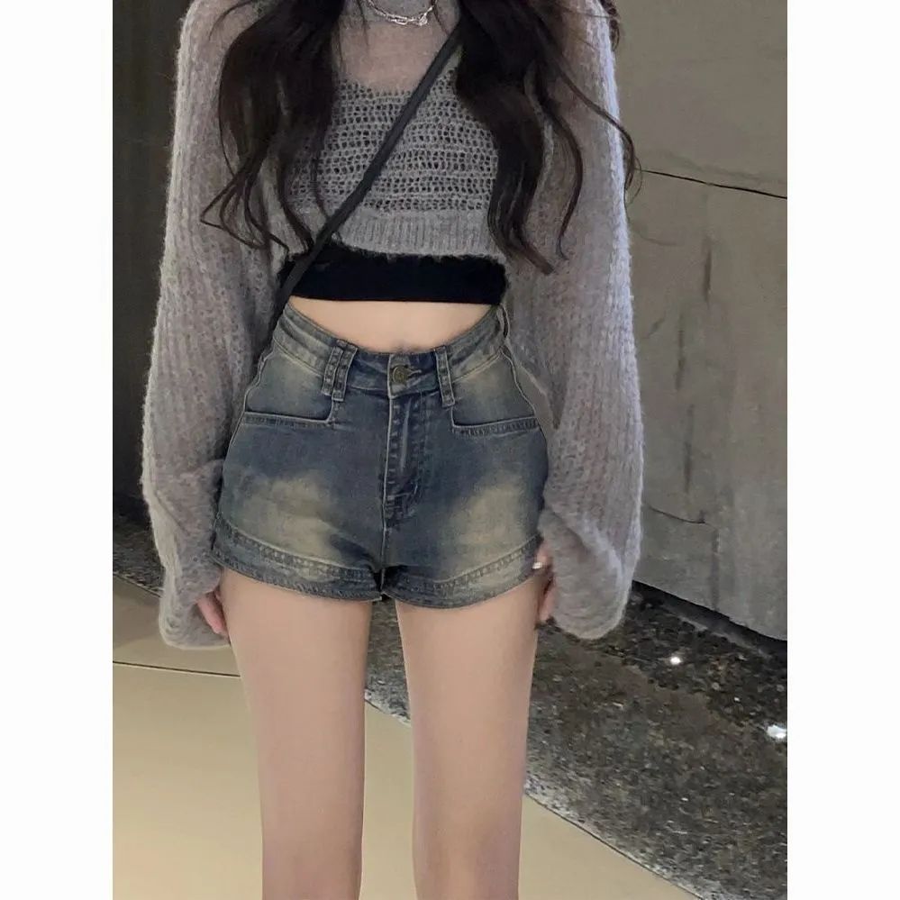 Retro American high waist stretch-slim hot girl used denim shorts for women in summer new wide-leg ultra-short hot pants