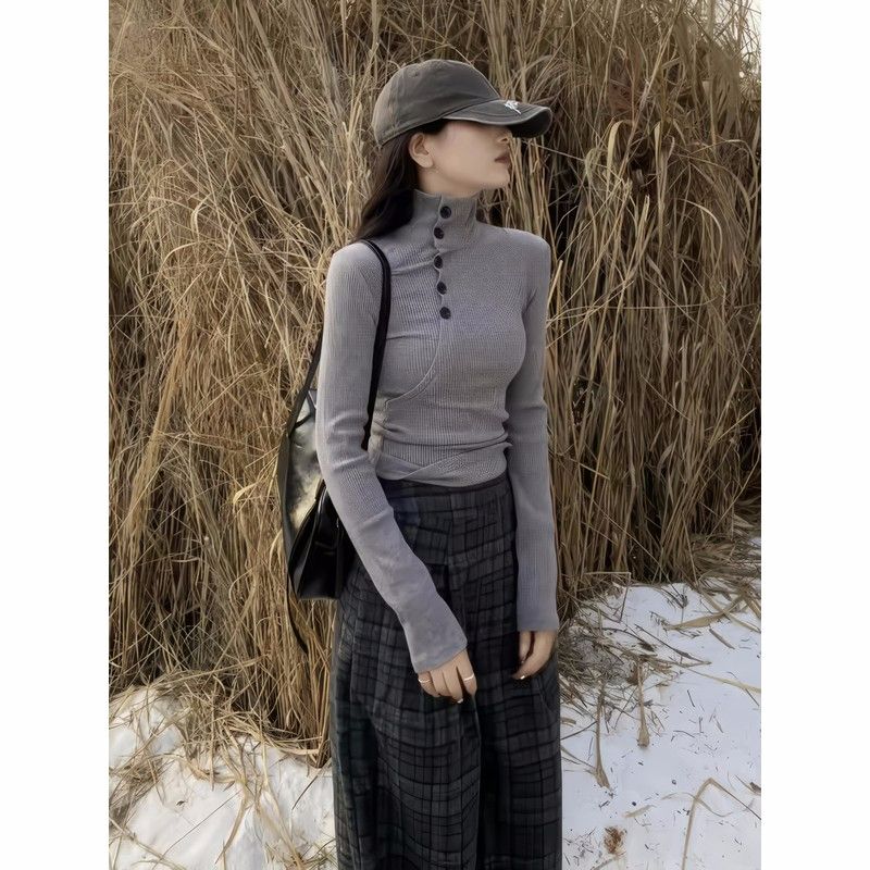 German velvet button turtleneck slim long sleeves women's high-end inner bottoming shirt unique small top