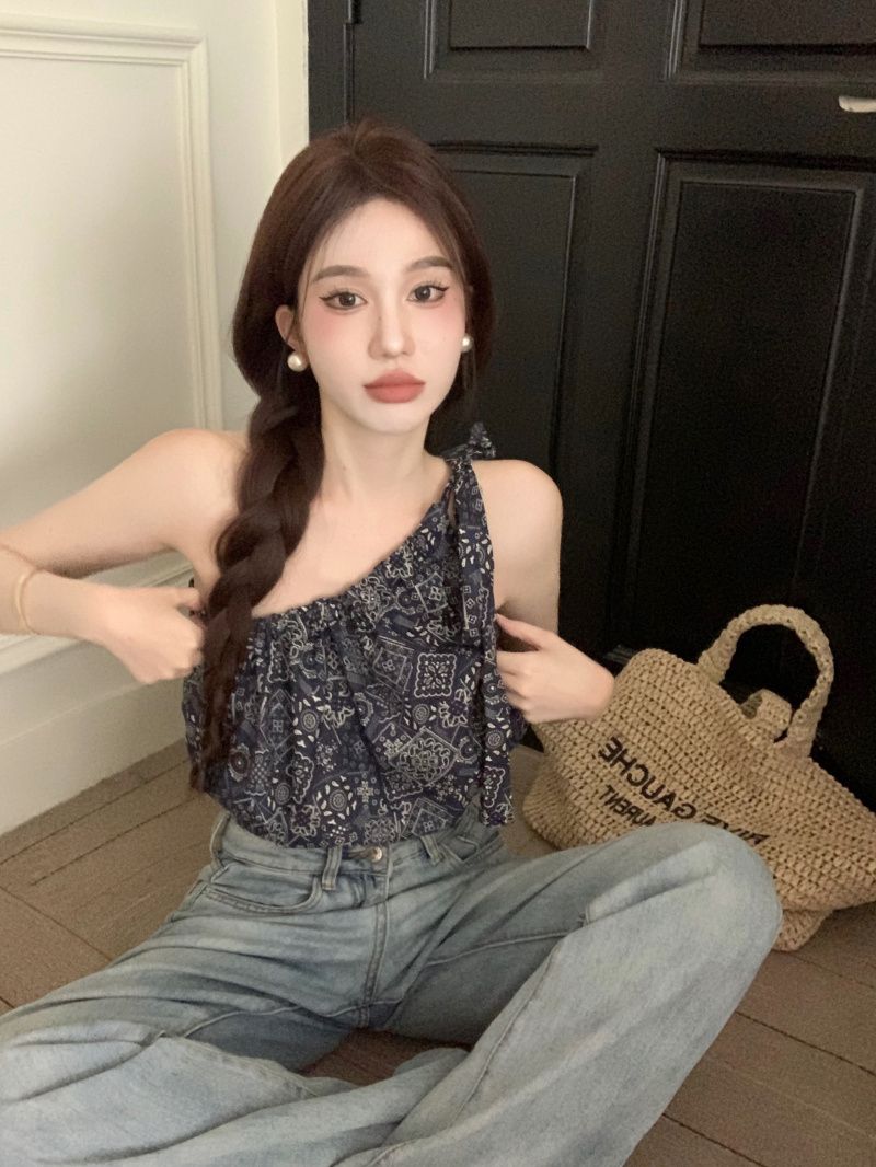 Women's design straps short waist folds retro temperament hot girl printed oblique collar off-shoulder vest women summer
