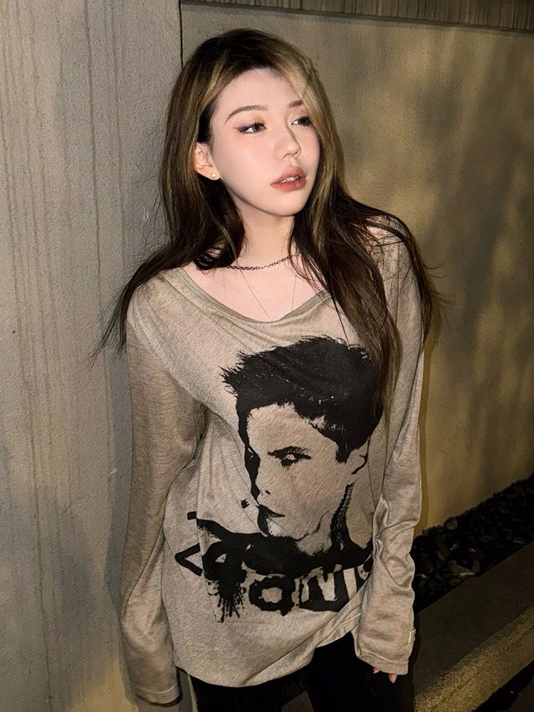 Original fabric American long-sleeved women's printed thin sunscreen blouse loose T-shirt base shirt hot girl top