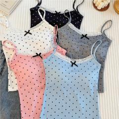 甜美帶胸墊蝴蝶結波點吊帶背心女夏蕾絲花邊修身顯瘦短款露臍上衣