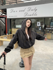 Real photo American retro washing black cleanfit spring hooded sweatshirt women's short cardigan jacket