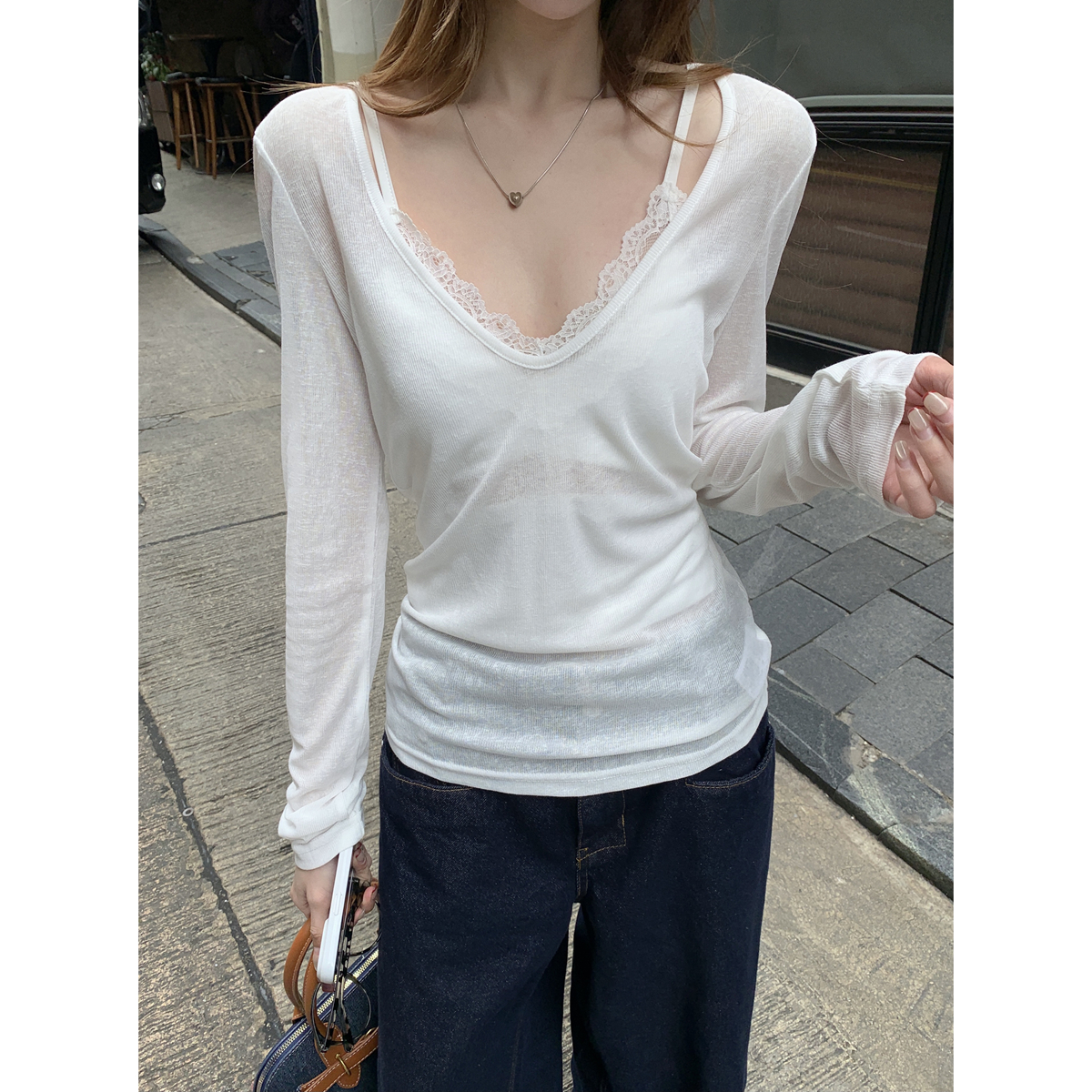 Real shot of spring and summer Korean style V-neck Tennis skin-friendly and sun-proof lazy and versatile long-sleeved T-shirt top