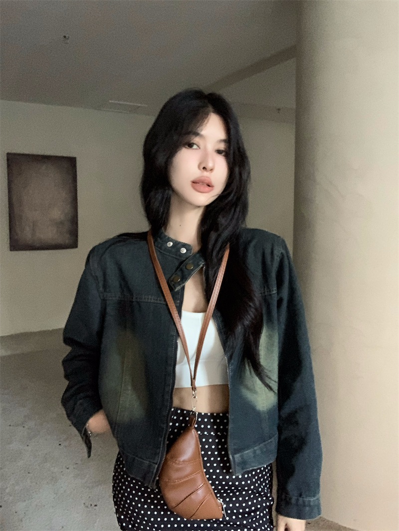 Real photo American retro old stand collar denim jacket high-end loose small short jacket top