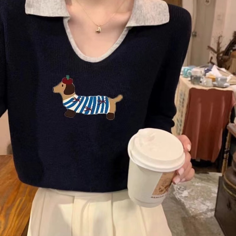黑色韓版寬鬆無帽針織衫臘腸狗衛衣女新款秋季小個子上衣